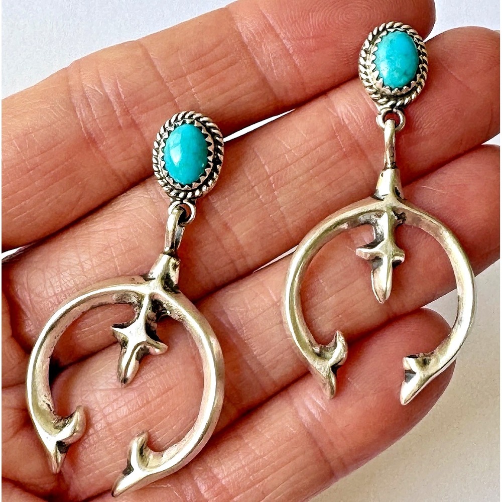 Navajo Naja Turquoise Earrings 2in Dangle Post Sterling Squash Blossom Native Am
